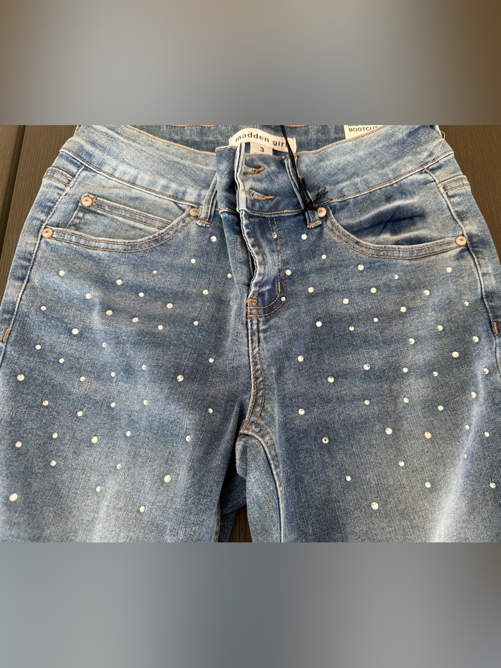 Madden Mid Rise Bootcut  Girl Light Blue Skinny Jeans with Silver Studs